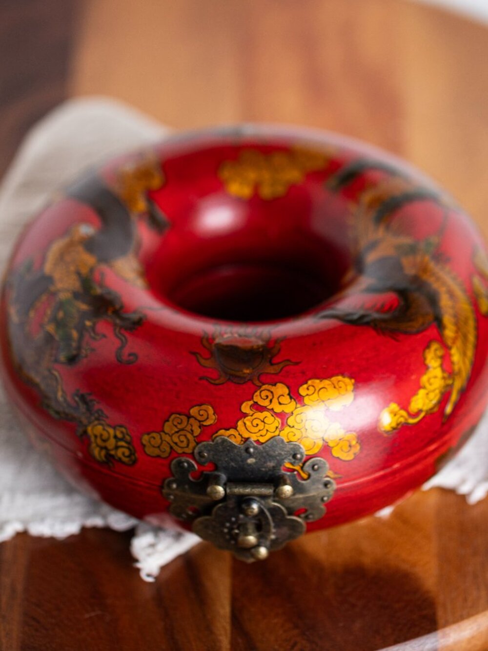Vintage Red Lacquer Necklace Holder | Asian Dragon Jewelry Box Organizer | Round